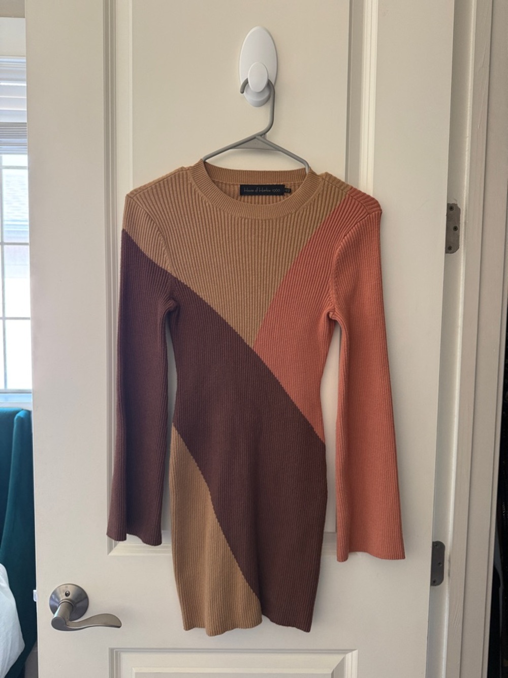 House of Harlow 1960 Colorblock Long Sleeve Ribbed Mini Dress - Brown/Tan/Peach